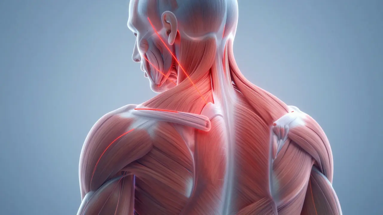 Schéma anatomique stylisé d'un nœud musculaire dans le trapèze émettant des signaux de douleur vers la tempe.