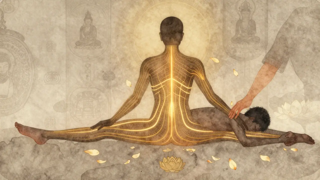 Schéma artistique des lignes d'énergie du corps humain en doré, intégré à une silhouette en mouvement de massage thaï.