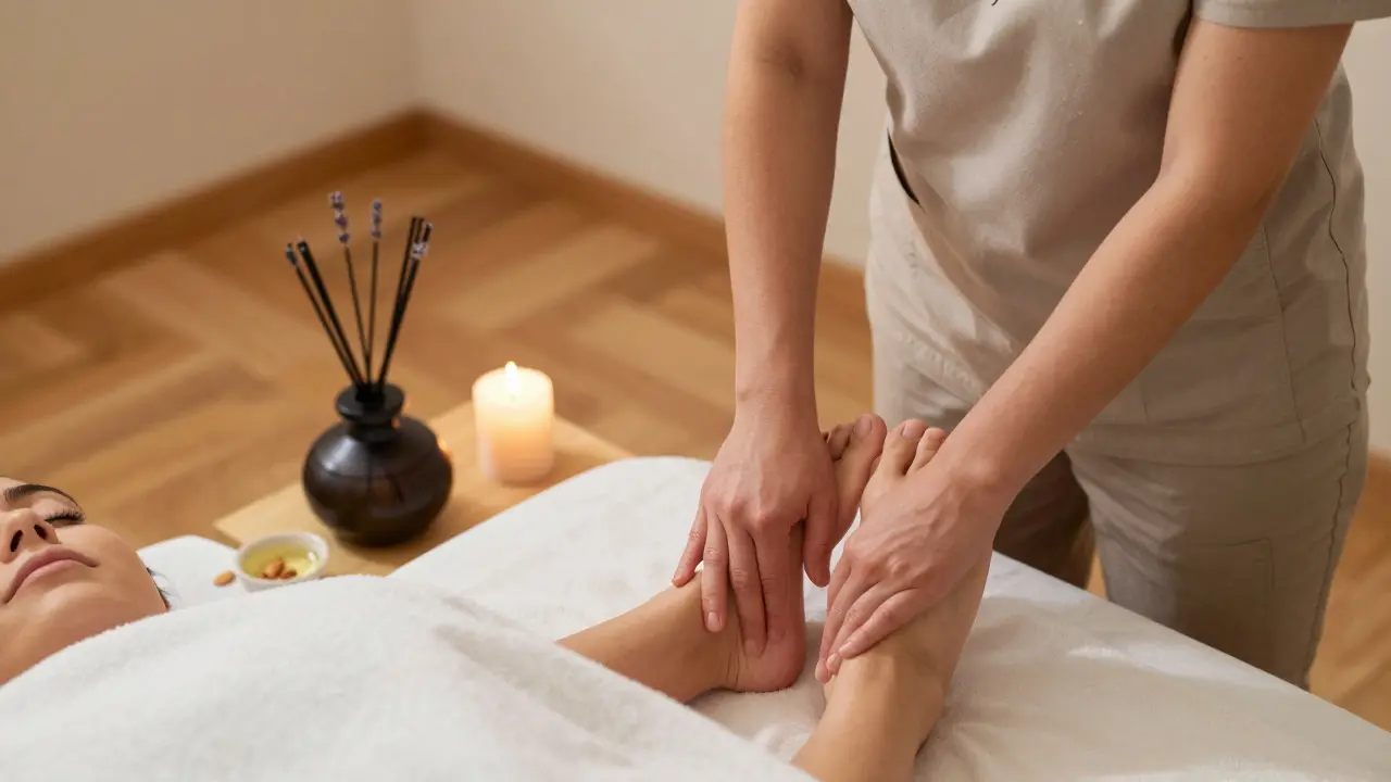 Un thérapeute masse les pieds d'un client dans un spa calme à Nice, dans une atmosphère de sérénité et de confiance.