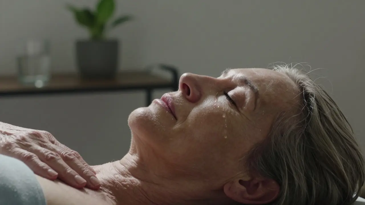 Une femme âgée les yeux fermés, des larmes sur les joues, en pleine détente pendant une séance de thérapie craniosacrale.