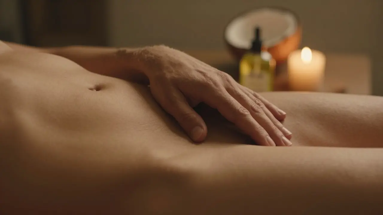 Une main posée avec douceur sur le bas-ventre d’un homme, dans une lumière chaude et intime, dans un moment de méditation corporelle.