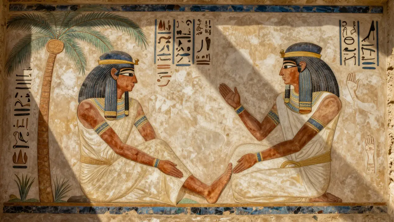 Une scène ancienne égyptienne montrant un massage des pieds sous un palmier, dans un style de fresque historique.