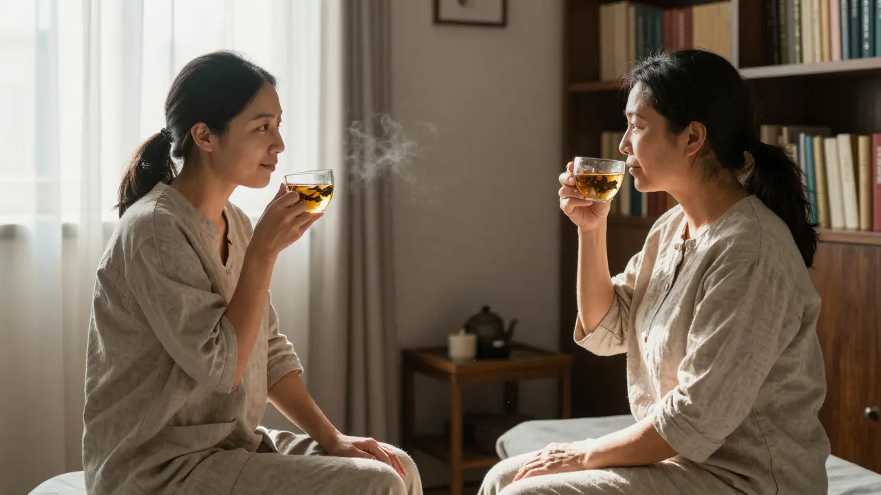 Deux femmes discutent calmement avant un massage, dans une pièce chaleureuse et intime.