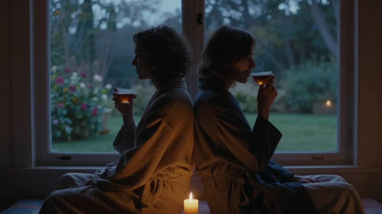 Deux personnes partagent un moment de silence apaisant après un massage, leurs épaules se touchant doucement.