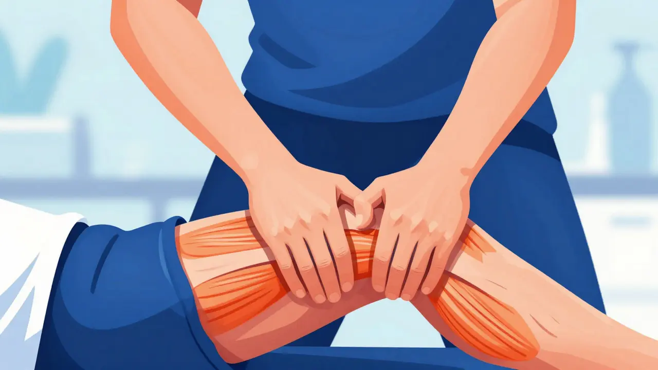 Illustration stylisée d'un thérapeute appliquant la technique de pétrissage sur une cuisse de coureur.