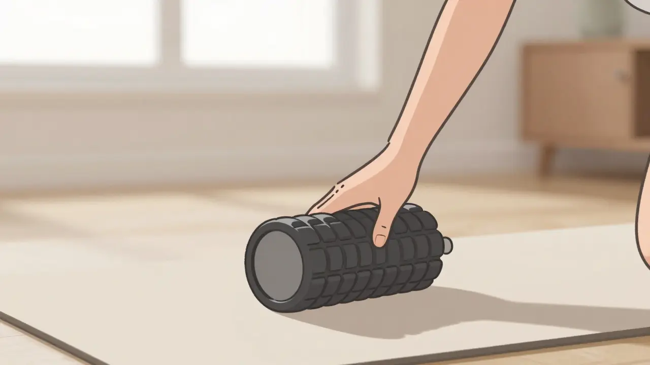 Personne utilisant un rouleau de mousse pour détendre les muscles à la maison.