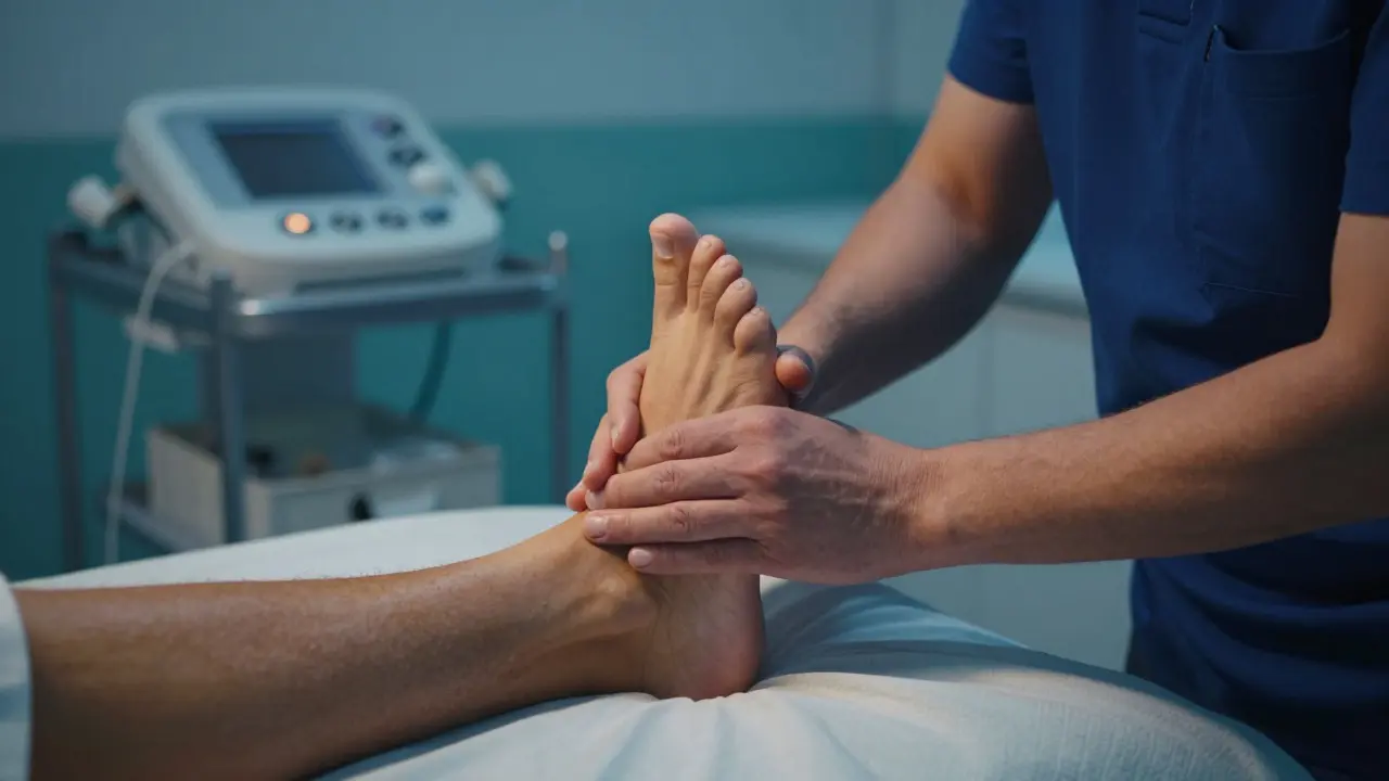 Praticien certifié en milieu hospitalier appliquant la réflexologie sur un patient