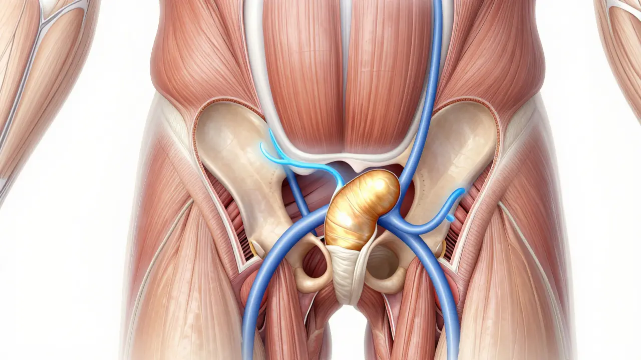 Schéma anatomique montrant la prostate avec des ondes de circulation sanguine améliorée et un drainage des fluides stagnants.