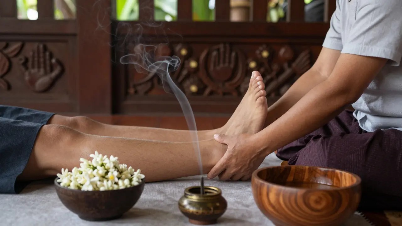 Séance de massage thaïlandais traditionnel dans un pavillon en bois, avec fleurs de jasmin et encens, dans une atmosphère spirituelle et apaisante.