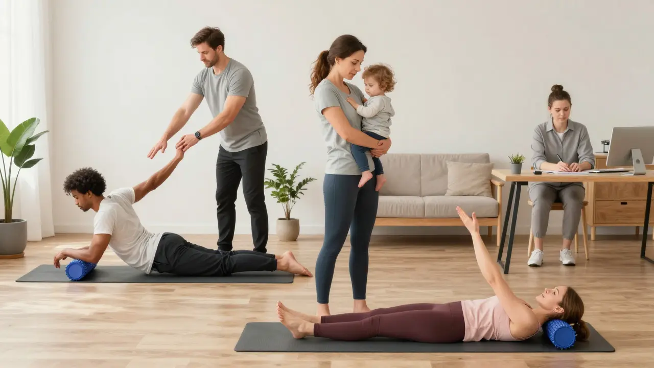 Trois personnes différentes bénéficiant d'un massage sportif dans des contextes quotidiens : yoga, parentalité et bureau.