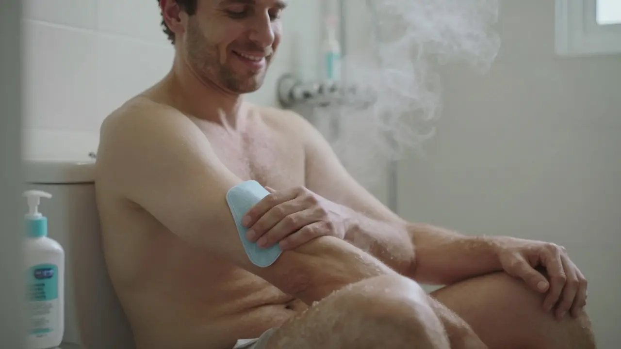 Un homme réalise un massage prostatique à la maison dans un cadre calme et personnel.