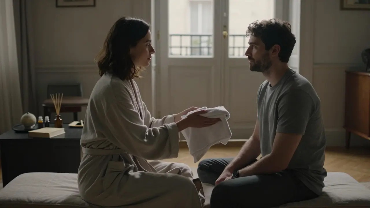 Une professionnelle du bien-être offre une serviette chaude à un client dans un espace calme et chaleureux.