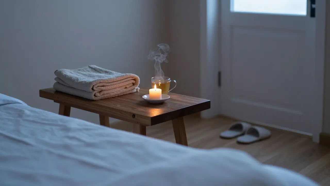 Une salle de massage vide au petit matin, avec bougie, thé et chaussures posées — trace d'un moment humain.