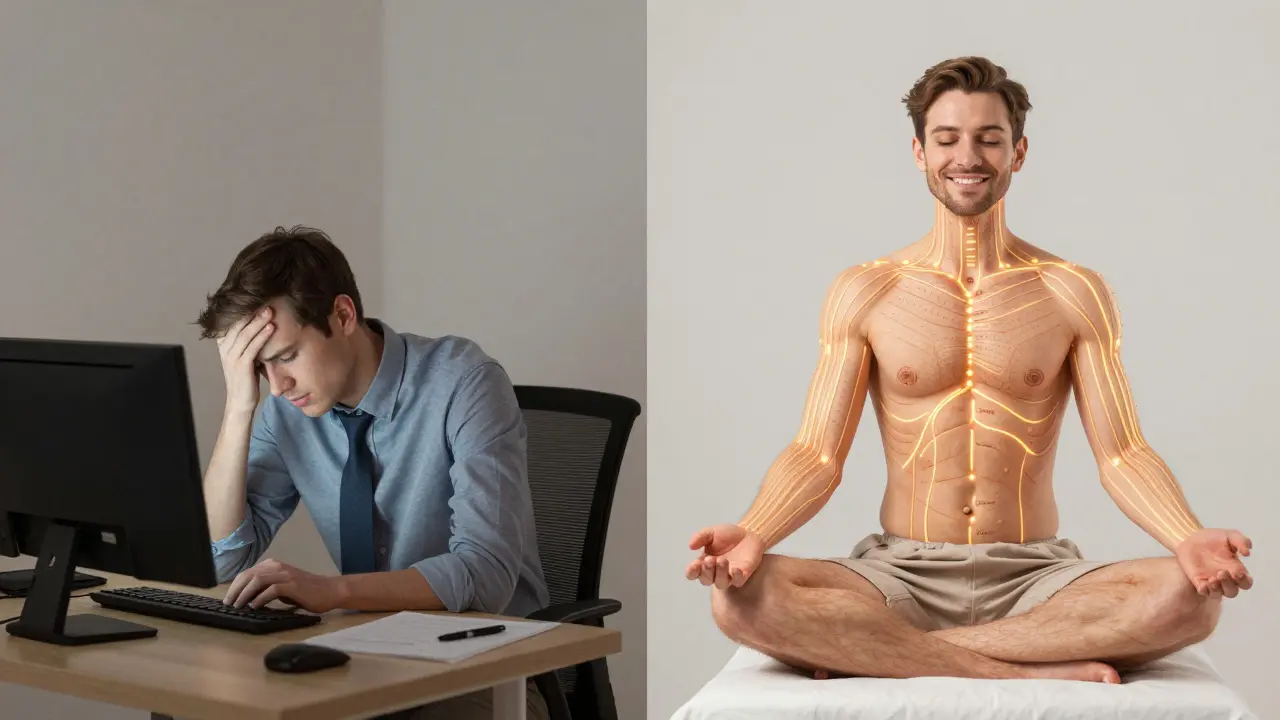 Comparaison d'une personne stressée au bureau et détendue après un shiatsu, lignes énergétiques reliant les points de pression.