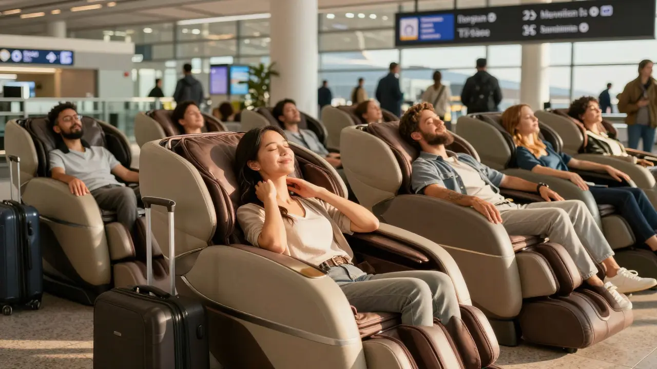 Des voyageurs relaxés dans des fauteuils de massage au sein d'un aéroport animé, lumière dorée et calme apaisant.