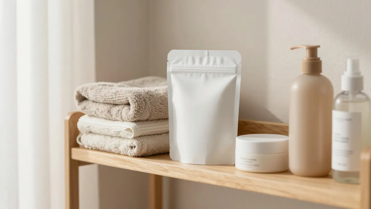 Étagère de salle de bain avec articles d'hygiène discrets et serviettes