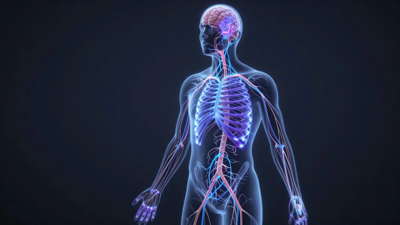 Illustration artistique montrant les nerfs et récepteurs cutanés émettant une lumière douce bleue.