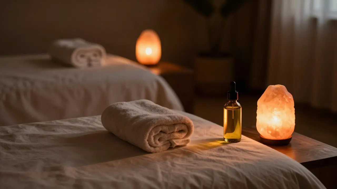 Intérieur apaisant d'une chambre avec lumière tamisée suggérant détente et bien-être personnel.