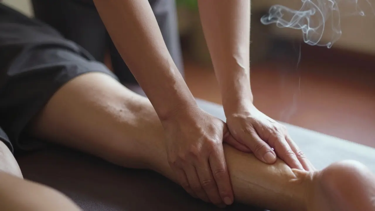 Main du praticien exerçant une pression profonde le long de la jambe du client pendant un massage thaï.