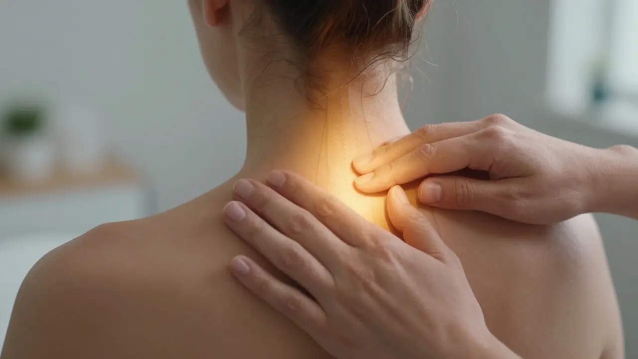 Mains exerçant une pression ciblée sur les épaules et le cou, lumière chaude émanant des points d'acupression.