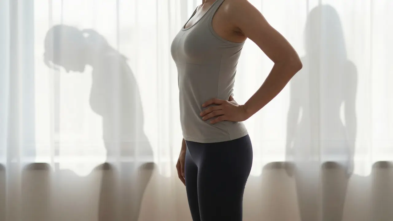 Personne en posture corrigée, avec les ombres des tensions passées qui s'estompent en lumière.