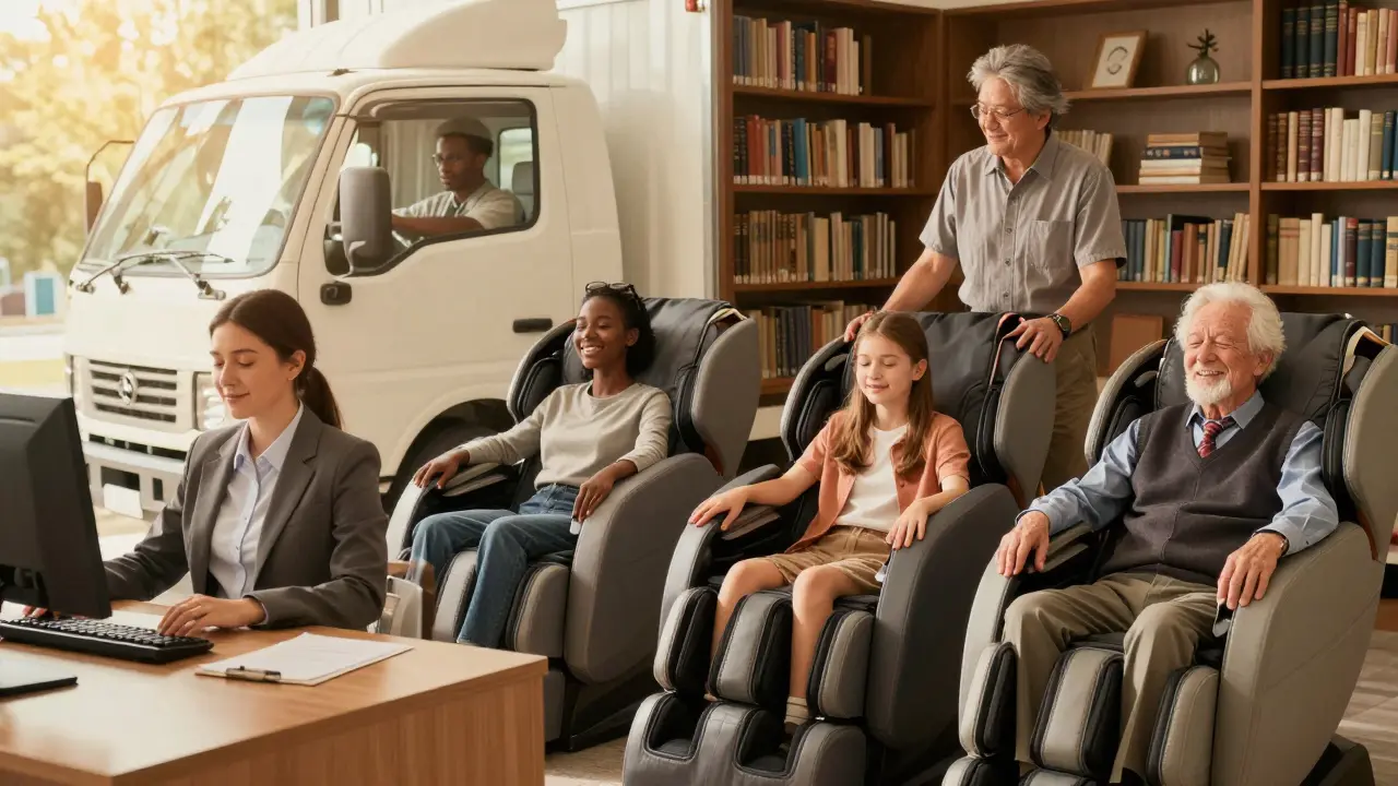 Quatre personnes différentes bénéficiant d'un massage chaise dans leurs environnements quotidiens : bureau, camion, bibliothèque et maison de retraite.