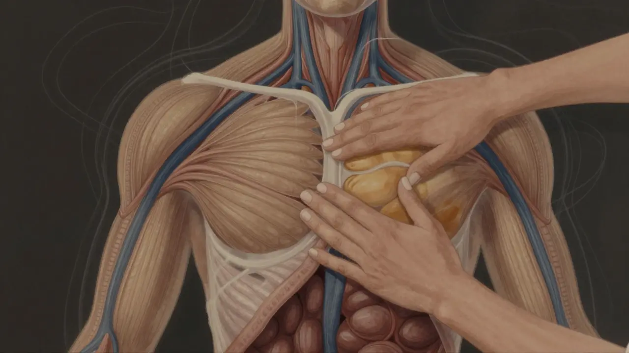 Schéma artistique des tissus musculaires et fasciaux en cours de libération par des mains thérapeutiques.