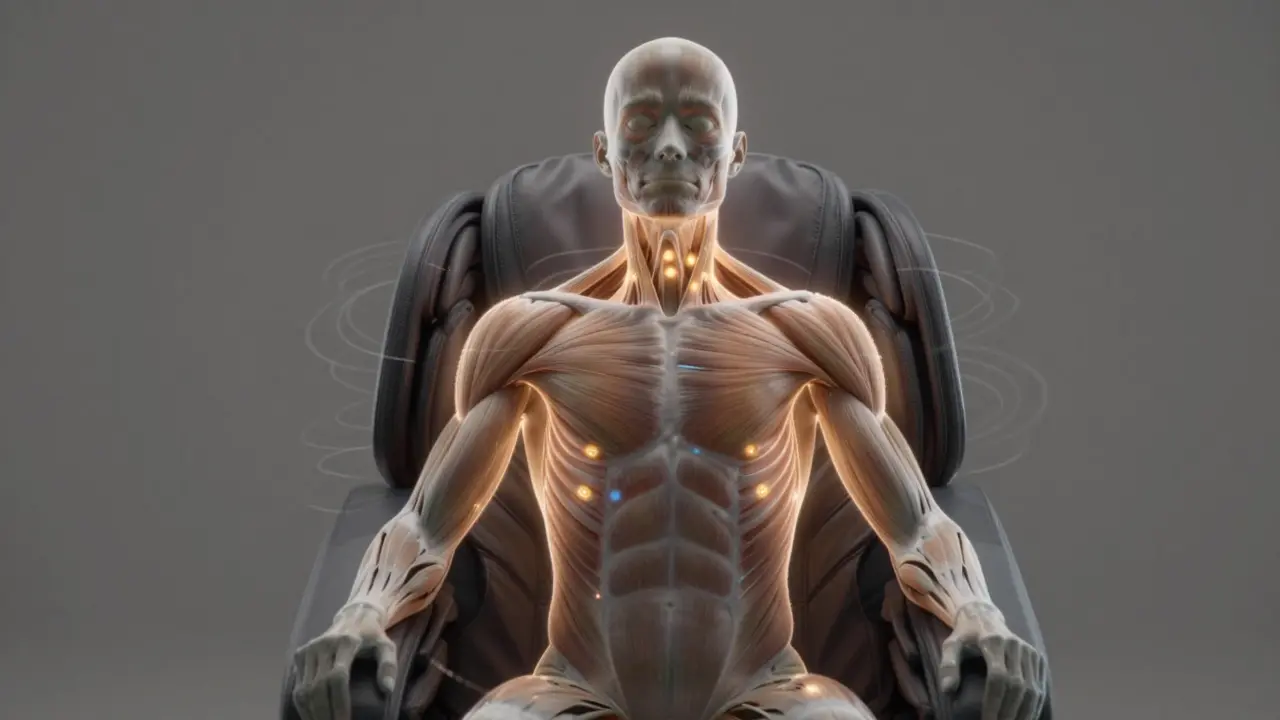 Schéma artistique montrant la libération de la tension musculaire au niveau des épaules et du cou grâce à un massage chaise.