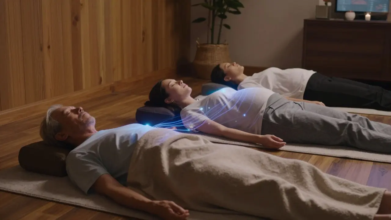 Trois personnes différentes en pleine relaxation pendant une séance de reiki, dans des environnements calmes et apaisants.