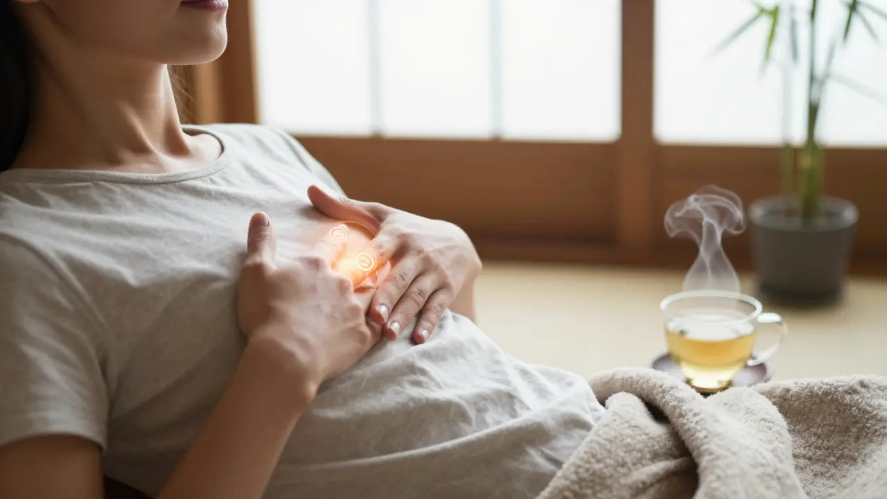 Une femme en train de pratiquer le reiki sur elle-même, la lumière du matin soulignant une aura douce autour de son cœur.