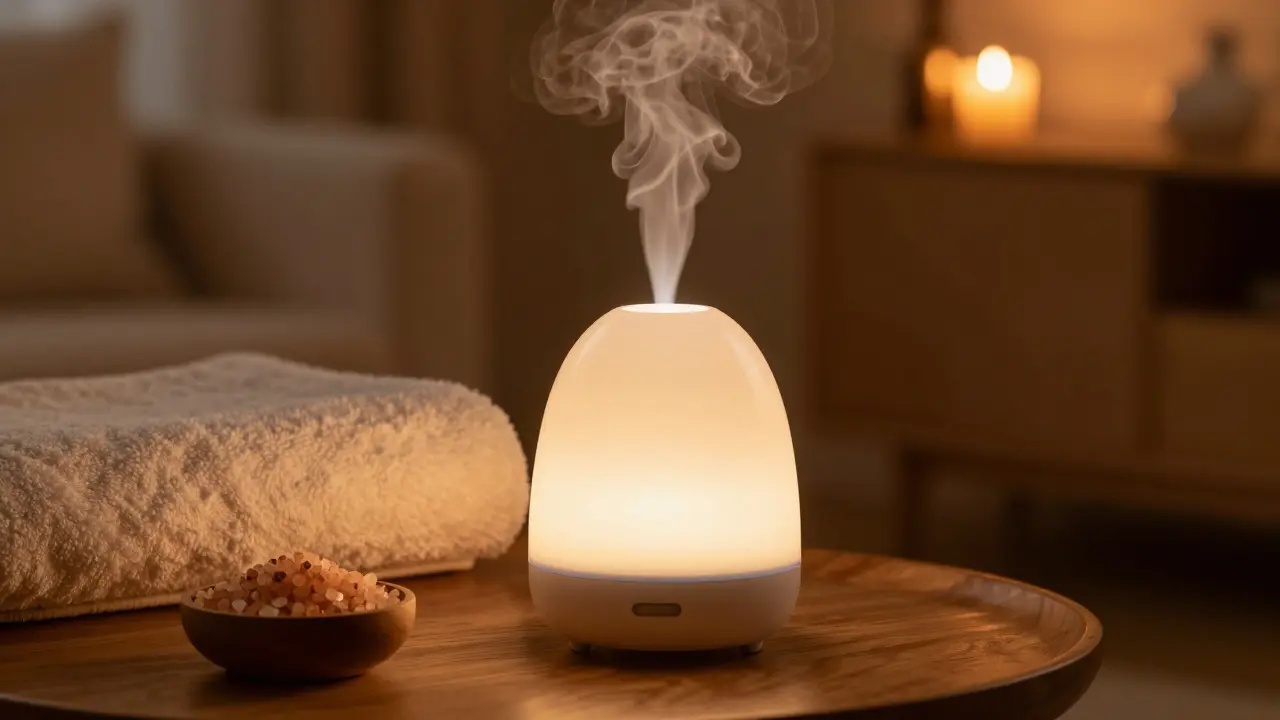 Diffuseur d'huiles essentielles diffusant une brume légère dans un salon chaleureux et relaxant.