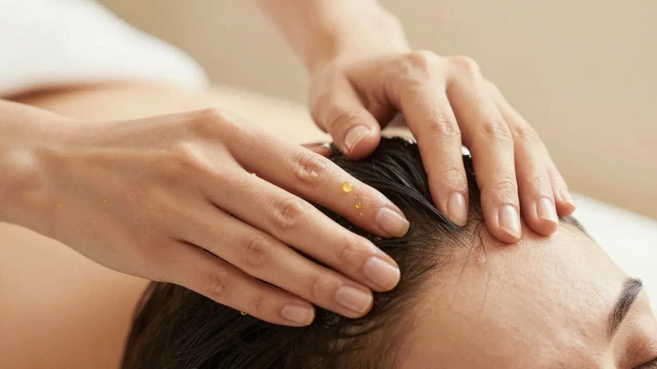 Gros plan photoréaliste de mains massant le cuir chevelu avec de l'huile végétale.