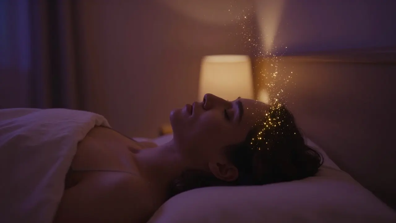 Image éthérée illustrant la relaxation et la libération d'hormones du bonheur avant le sommeil.