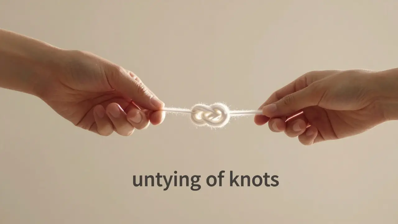 Mains de lumière dénouant délicatement un fil de soie, symbolisant la libération des tensions nerveuses.