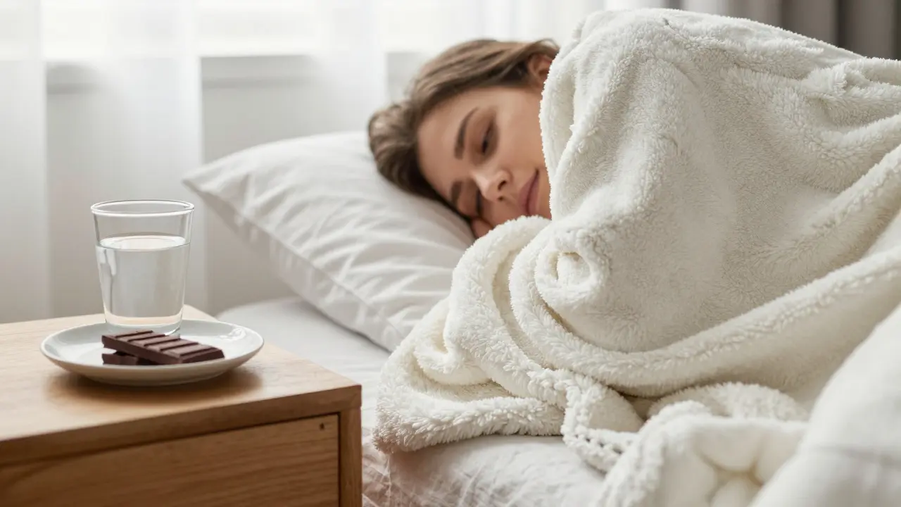 Moment de récupération aprèscare avec une couverture chaude, de l'eau et du chocolat.