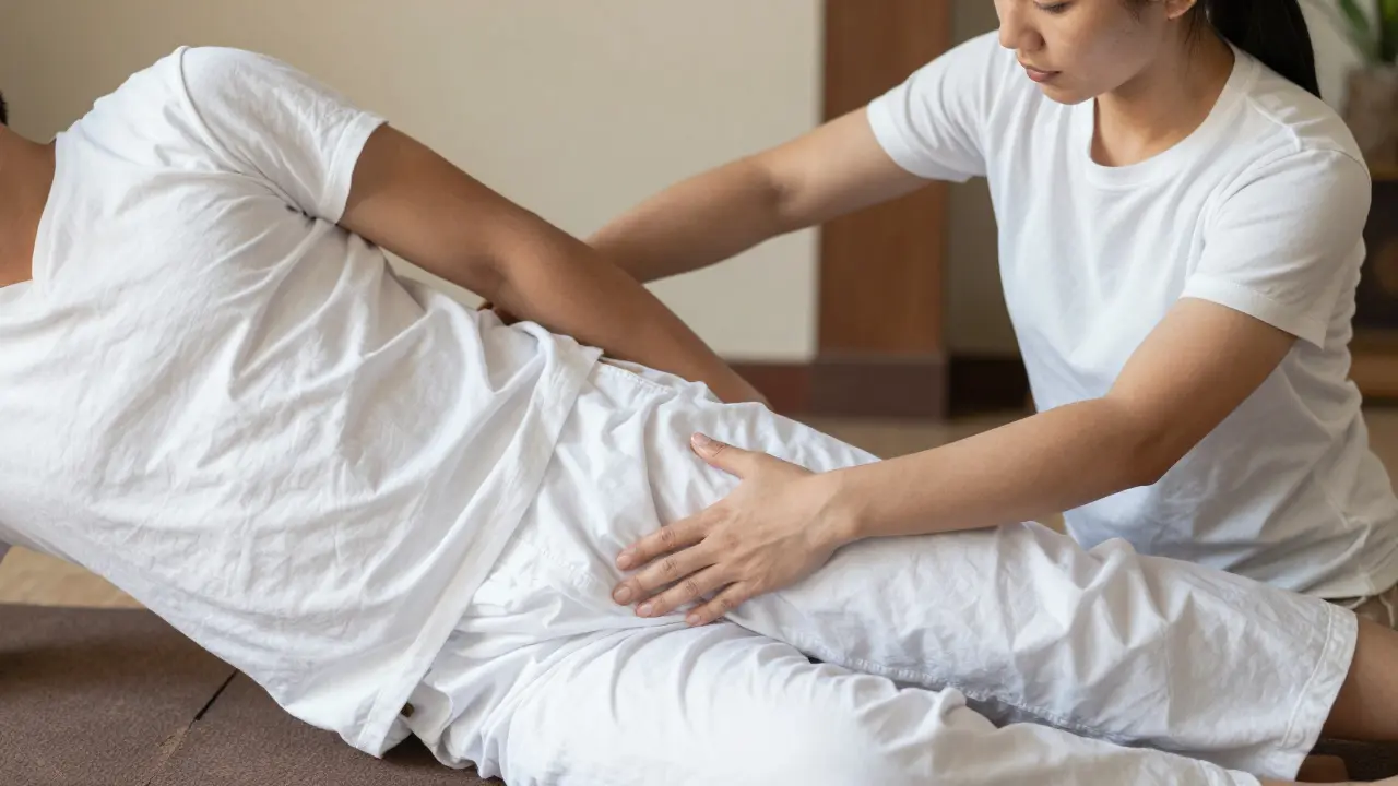 Praticien effectuant un étirement de yoga assisté sur un client en vêtements de coton souples.