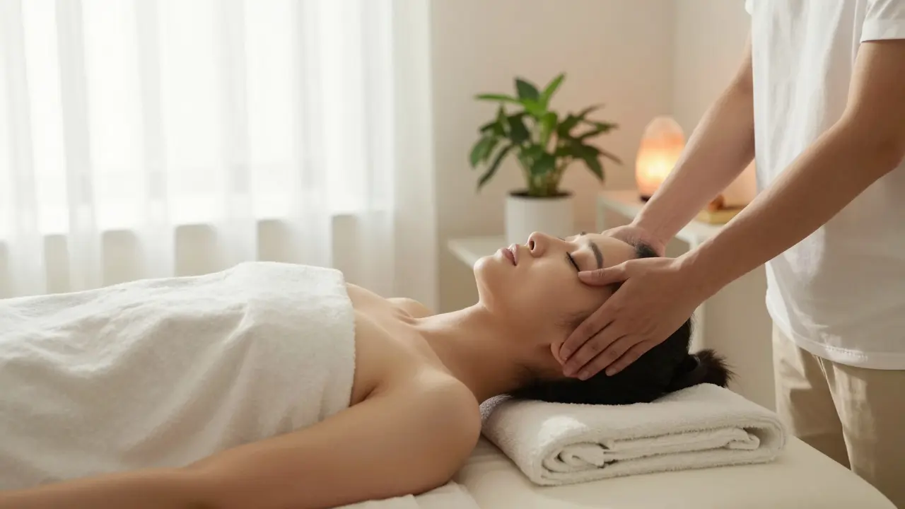 Praticien effectuant un toucher léger sur le crâne d'un patient détendu dans un cabinet de soin serein.