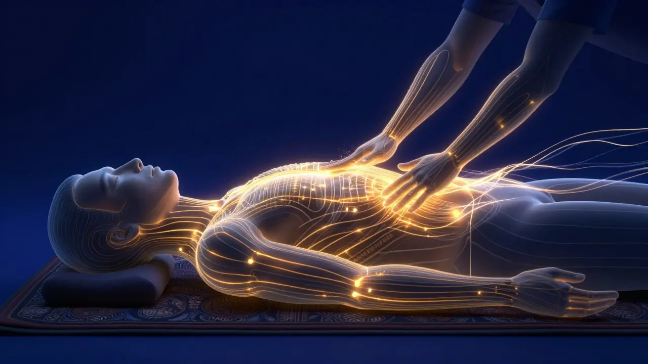 Représentation artistique des lignes d'énergie Sen dorées circulant dans le corps humain.