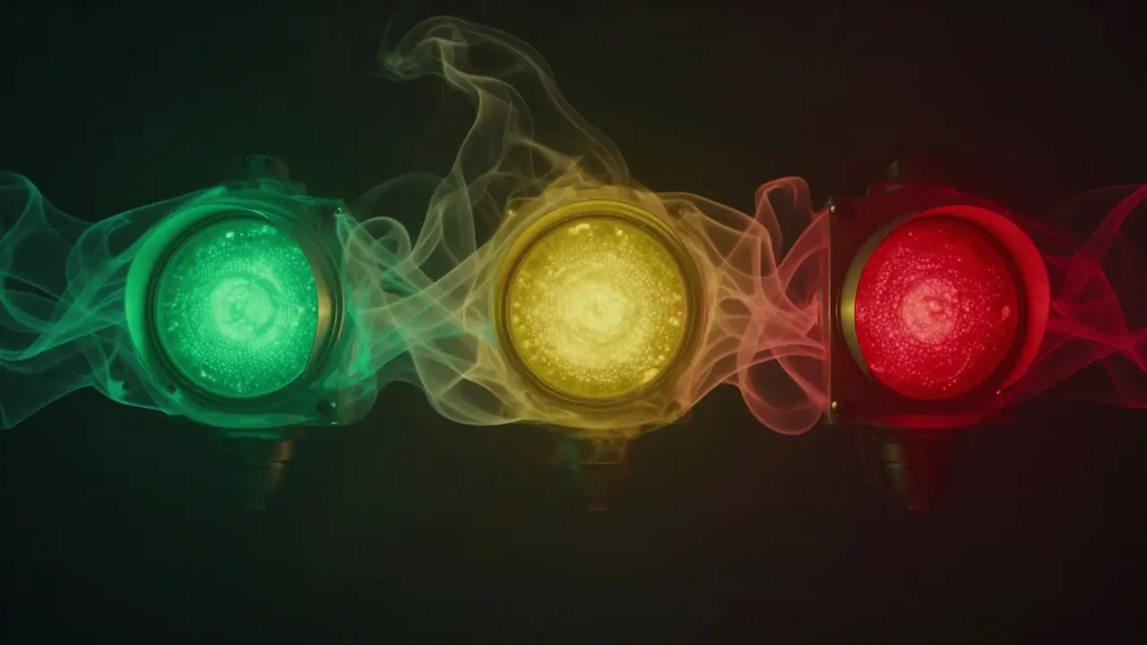 Trois sphères lumineuses verte, jaune et rouge symbolisant le système de sécurité BDSM.