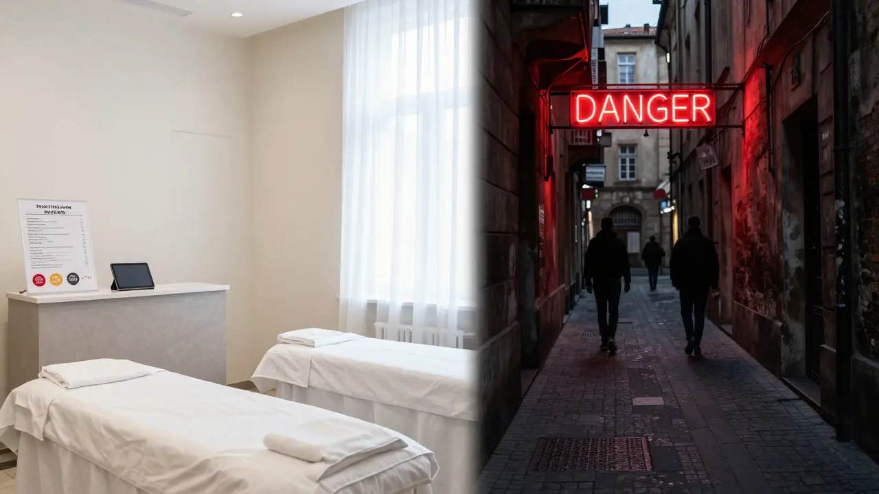 Contraste entre un spa moderne sûr et une ruelle sombre à Prague
