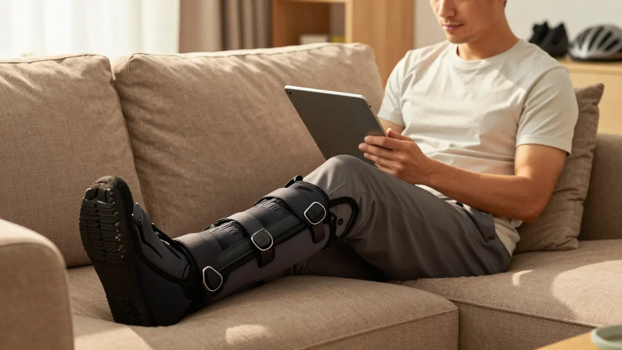 Cycliste se détendant avec des bottes de compression à la maison