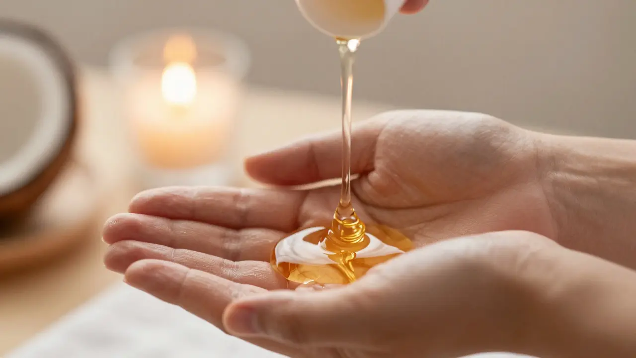 Huile de massage dorée versée dans les mains en gros plan