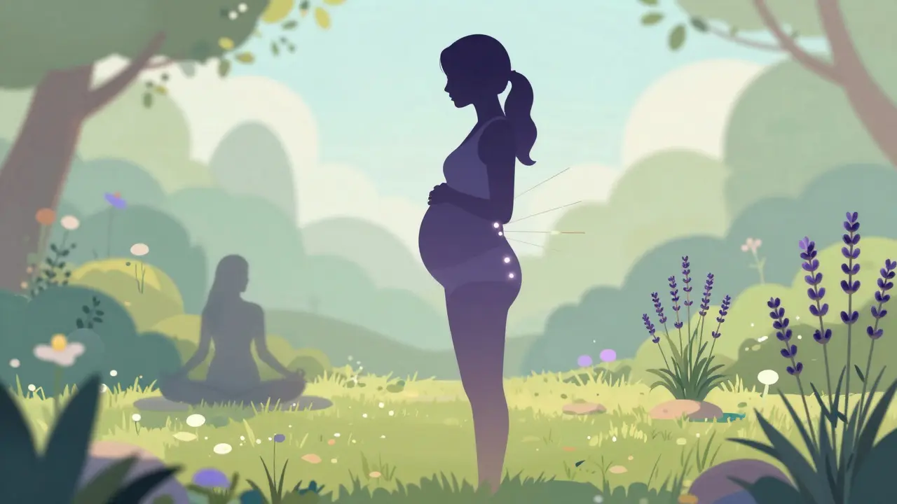 Illustration conceptuelle d'une femme enceinte entourée de symboles de bien-être comme le yoga et les plantes.
