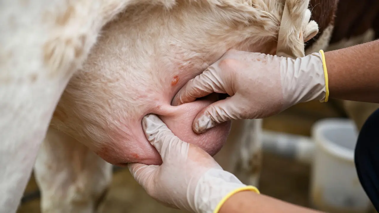 Mains d'un fermier massant doucement le pis d'une vache avant la traite