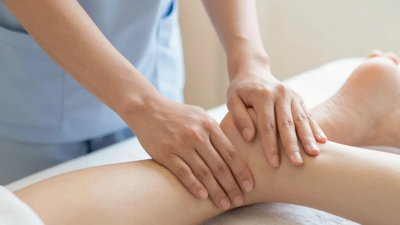 Mains d'un thérapeute massant doucement les mollets d'une femme enceinte pour soulager la tension.