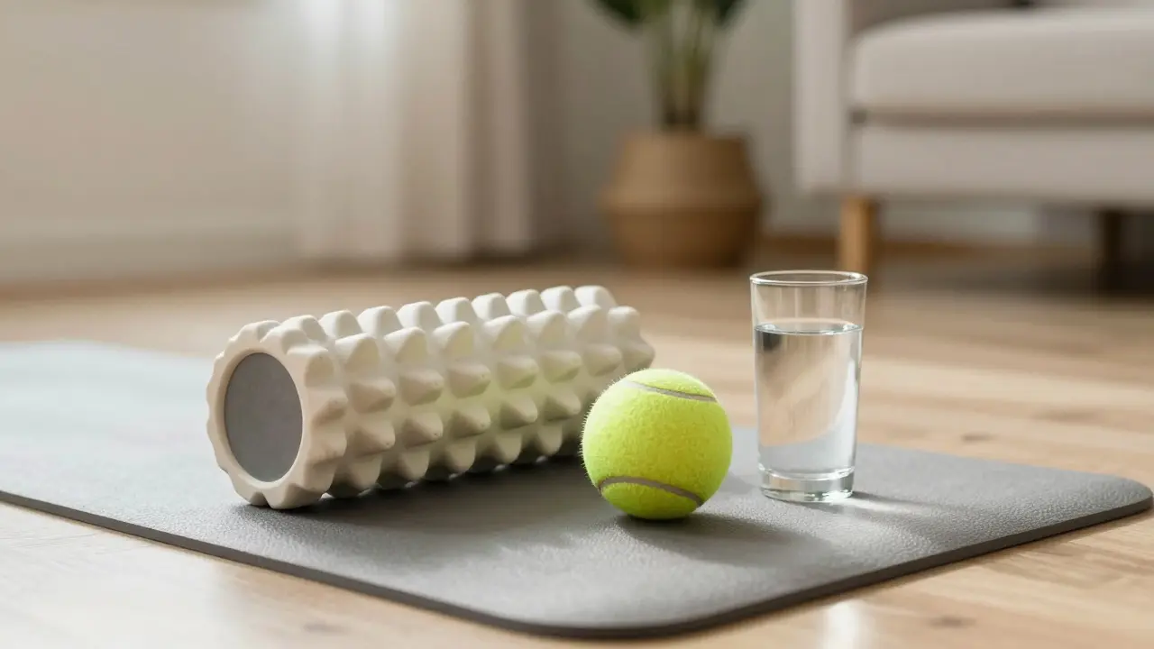 Outils d'auto-massage comme rouleau et boules sur un tapis de yoga.
