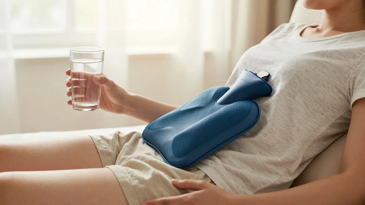 Personne se hydratant et utilisant une bouillotte pour récupérer après un soin