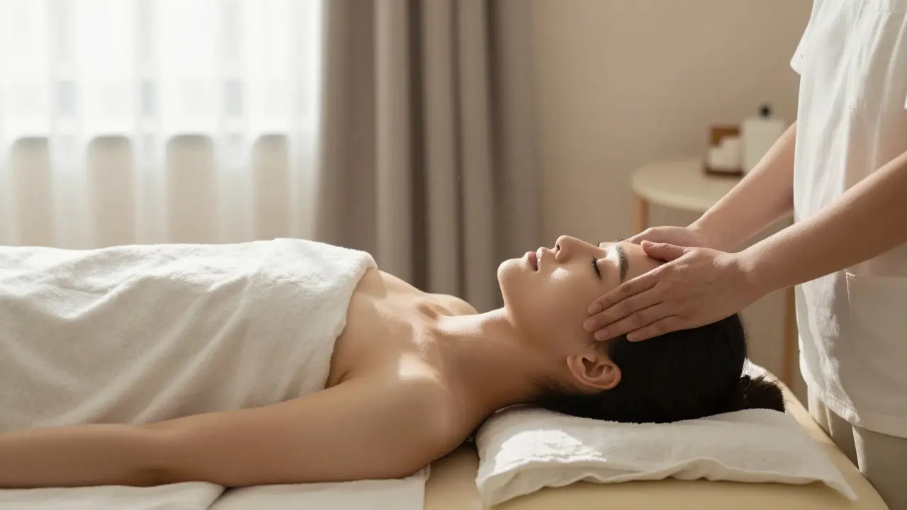 Thérapeute appliquant une pression douce sur le front d'un patient relaxé