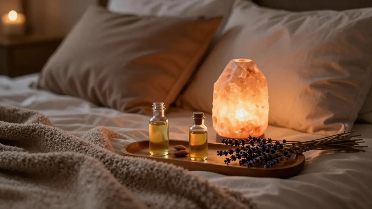 Ambiance relaxante avec bougies et huiles naturelles sur un plateau