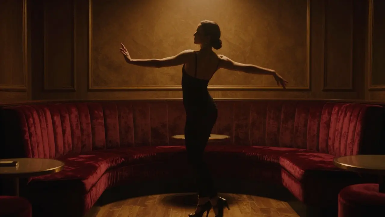 Danseuse élégante dans un salon privé tamisé à Prague, atmosphère intime